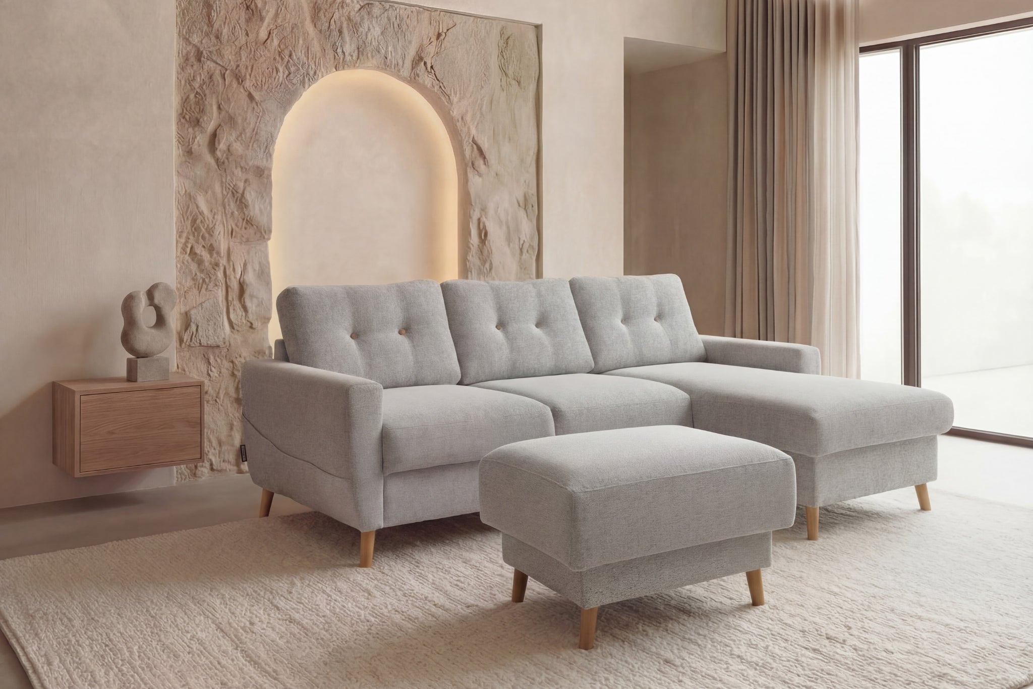 Canapé d'angle avec pouf tissu bouclette Casanova Paris Gaspard