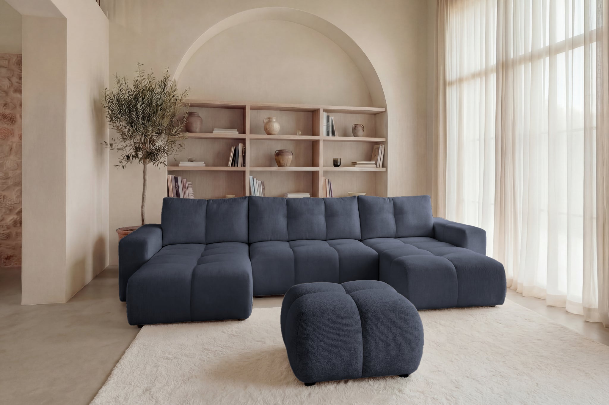 Canapé panoramique avec pouf tissu chenille Casanova Paris Constance